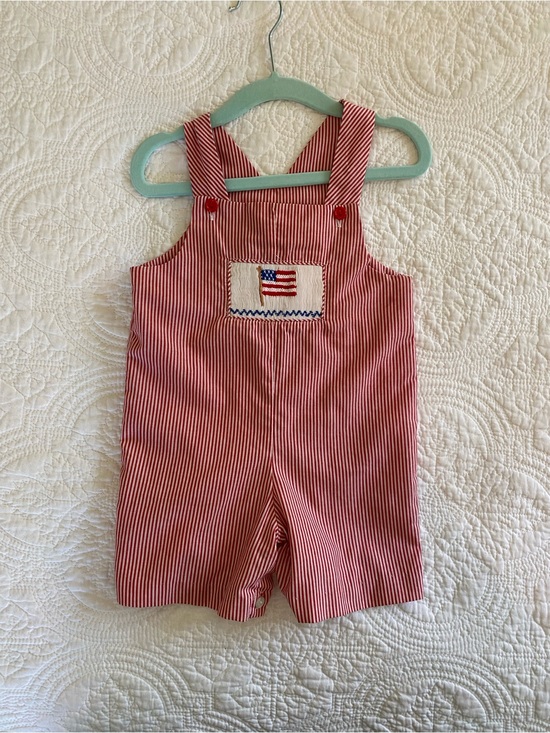 Smocked Giraffe Other - Red Striped Baby Boy Overalls with Smocked Flag Jon Jon
